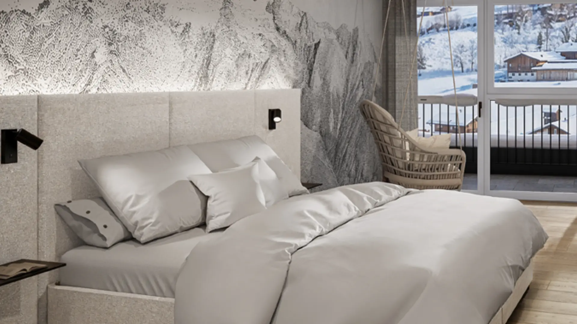 Ab Dezember 2026: glockna – das wohl coolste Hotel in Fusch Modernes Schlafzimmer mit großem Bett und Blick auf verschneite Berge