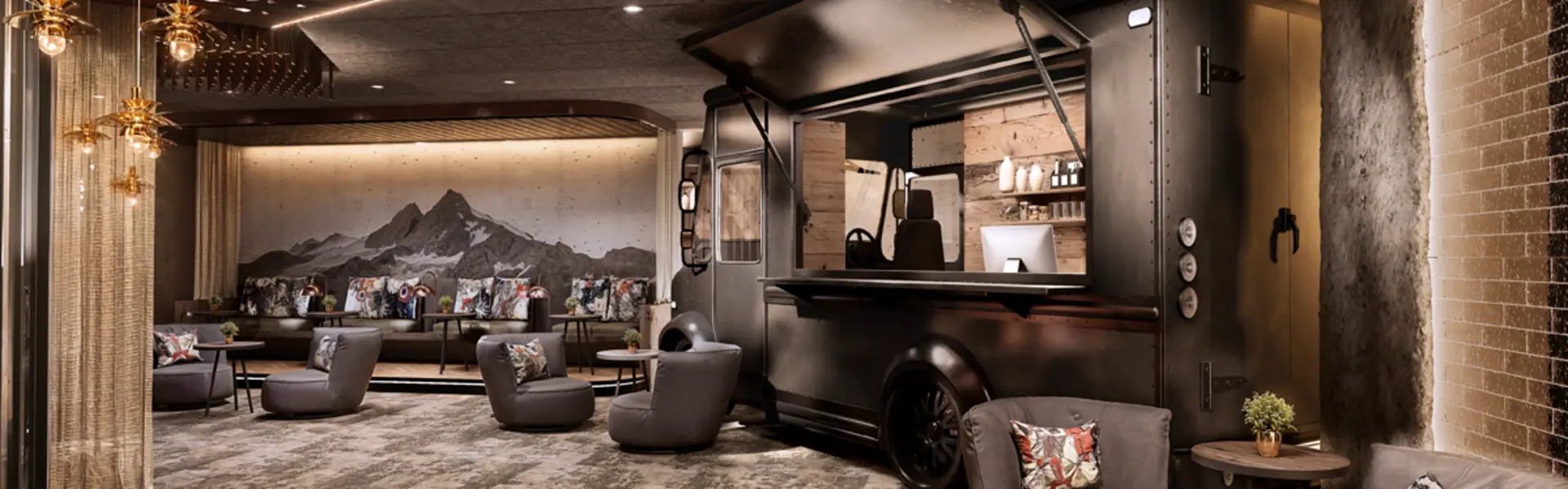 Ab Dezember 2026: glockna – das wohl coolste Hotel in Fusch Moderne Hotellobby mit gemütlichen Sesseln und einem schwarzen Foodtruck als Bar