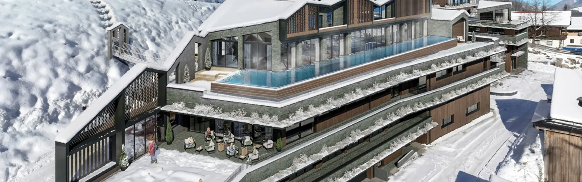 Ab Dezember 2026: glockna – das wohl coolste Hotel in Fusch Modernes Hotel mit Außenpool und Terrasse im verschneiten Berggebiet
