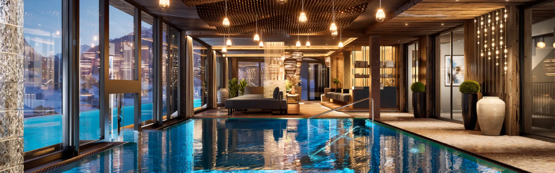 Ab Dezember 2026: glockna – das wohl coolste Hotel in Fusch Moderner Innenpool mit Holzdecke und großen Fenstern mit Bergblick