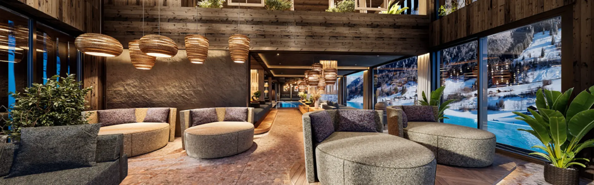 Ab Dezember 2026: glockna – das wohl coolste Hotel in Fusch Gemütliche Lounge mit modernen Sesseln und Panoramafenstern mit Bergblick