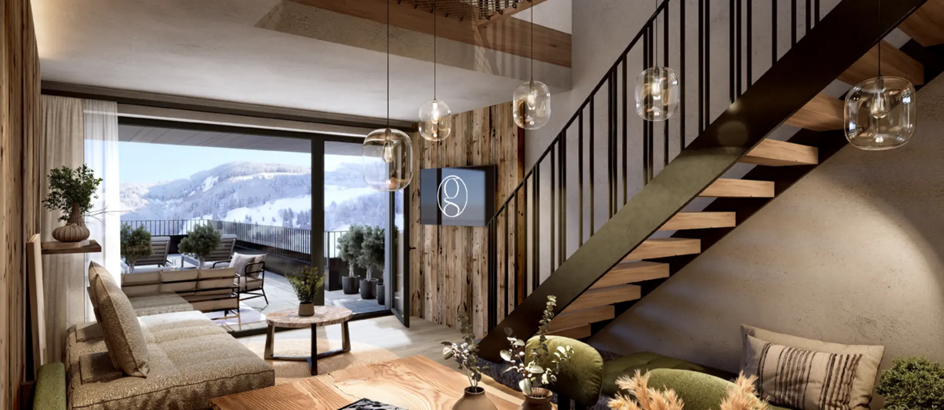 Ab Dezember 2026: glockna – das wohl coolste Hotel in Fusch Gemütliches Wohnzimmer mit Holztreppe und Blick auf schneebedeckte Berge