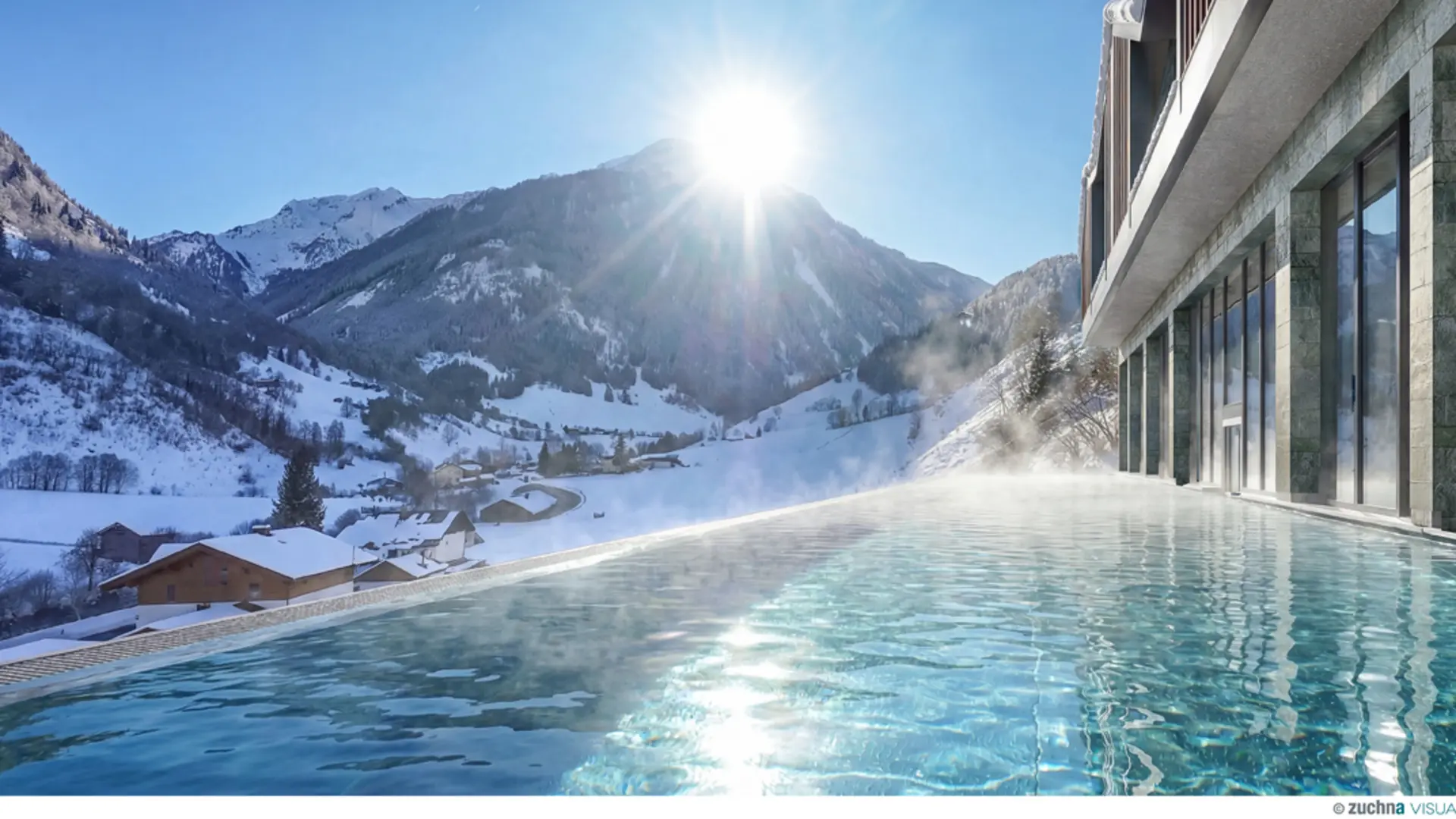 Ab Dezember 2026: glockna – das wohl coolste Hotel in Fusch Infinity-Pool mit Bergblick und Sonnenschein in verschneiter Winterlandschaft