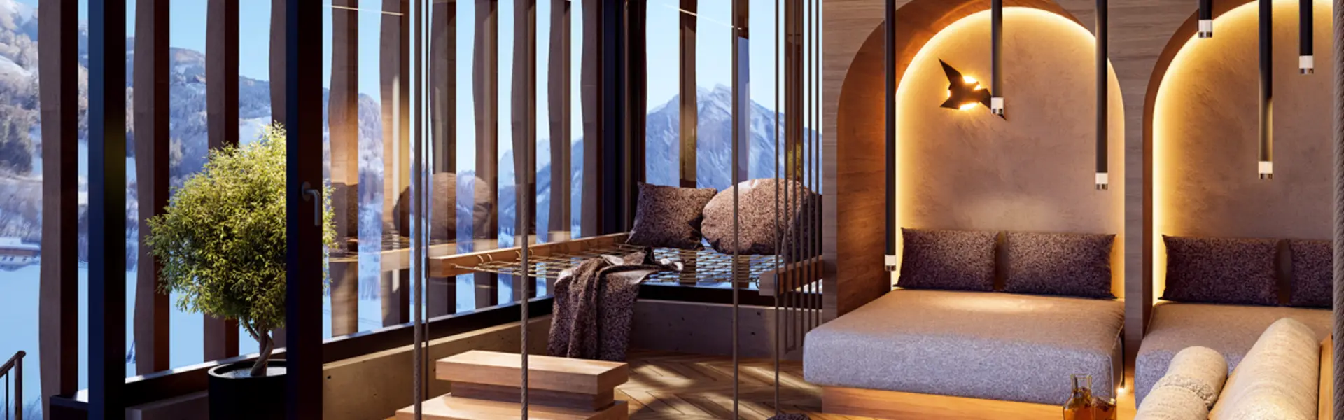 Ab Dezember 2026: glockna – das wohl coolste Hotel in Fusch Modernes Wohnzimmer mit großen Fenstern und Bergblick