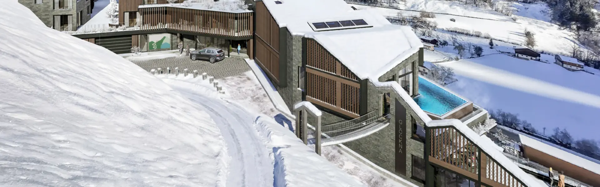 Ab Dezember 2026: glockna – das wohl coolste Hotel in Fusch Moderne Berghotelanlage mit Schnee, Pool und Bergen im Winter