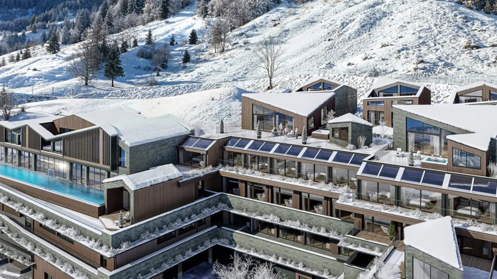 Ab Dezember 2026: glockna – das wohl coolste Hotel in Fusch Modernes Hotel mit Außenpool in verschneiter Berglandschaft